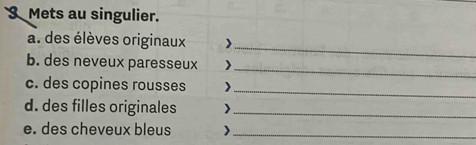 Mets au singulier. 
_ 
a. des élèves originaux 
_ 
b. des neveux paresseux 
c. des copines rousses > 
_ 
d. des filles originales >_ 
e. des cheveux bleus >_