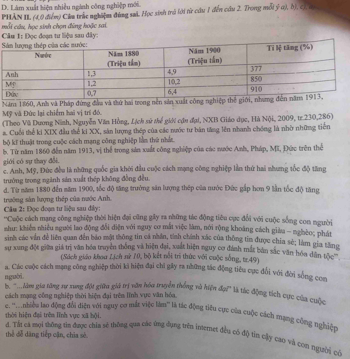 Làm xuất hiện nhiều ngành công nghiệp mới.
PHÀN II. (4,0 điểm) Câu trắc nghiệm đúng sai. Học sinh trả lời từ cầu 1 đến câu 2. Trong mỗi ý a), b), c), a
mỗi câu, học sinh chọn đúng hoặc sai.
Câu 1: Đọc đoạn tư liệu sau đây:
Năm 1860, Anh và Pháp đứng đầu và thứ hai trong nền sản xuất
Mỹ và Đức lại chiếm hai vị trí đó.
(Theo Vũ Dương Ninh, Nguyễn Văn Hồng, Lịch sử thế giới cận đại, NXB Giáo dục, Hà Nội, 2009, tr.230,286)
a. Cuối thế kỉ XIX đầu thế kỉ XX, sản lượng thép của các nước tư bản tăng lên nhanh chóng là nhờ những tiến
bộ kĩ thuật trong cuộc cách mạng công nghiệp lần thứ nhất.
b. Từ năm 1860 đến năm 1913, vị thế trong sản xuất công nghiệp của các nước Anh, Pháp, Mĩ, Đức trên thế
giới có sự thay đổi.
c. Anh, Mỹ, Đức đều là những quốc gia khởi đầu cuộc cách mạng công nghiệp lần thứ hai nhưng tốc độ tăng
trưởng trong ngành sản xuất thép không đồng đều.
d. Từ năm 1880 đến năm 1900, tốc độ tăng trưởng sản lượng thép của nước Đức gấp hơn 9 lần tốc độ tăng
trưởng sản lượng thép của nước Anh.
Câu 2: Đọc đoạn tư liệu sau đây:
“Cuộc cách mạng công nghiệp thời hiện đại cũng gây ra những tác động tiêu cực đối với cuộc sống con người
như: khiến nhiều người lao động đối diện với nguy cơ mất việc làm, nới rộng khoảng cách giàu - nghèo; phát
sinh các vấn đề liên quan đến bảo mật thông tin cá nhân, tính chính xác của thông tin được chia sẻ; làm gia tăng
sự xung đột giữa giá trị văn hóa truyền thống và hiện đại, xuất hiện nguy cơ đánh mất bản sắc văn hóa dân tộc”.
(Sách giáo khoa Lịch sử 10, bộ kết nối tri thức với cuộc sống, tr.49)
a. Các cuộc cách mạng công nghiệp thời kì hiện đại chỉ gây ra những tác động tiêu cực đối với đời sống con
người.
b. “làm gia tăng sự xung đột giữa giá trị văn hóa truyền thống và hiện đại” là tác động tích cực của cuộc
cách mạng công nghiệp thời hiện đại trên lĩnh vực văn hóa.
c. ''nhiều lao động đối diện với nguy cơ mất việc làm” là tác động tiêu cực của cuộc cách mạng công nghiệp
thời hiện đại trên lĩnh vực xã hội.
thể dễ dàng tiếp cận, chia sẻ.
d. Tất cả mọi thông tin được chia sẻ thông qua các ứng dụng trên internet đều có độ tin cậy cao và con người có