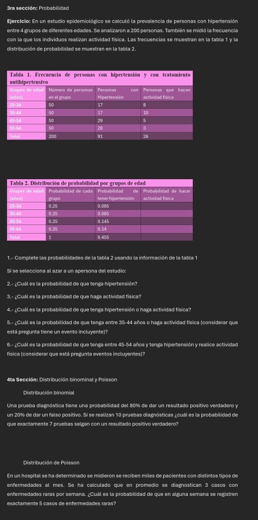 3ra sección: Probabilidad
Ejercicio: En un estudio epidemiológico se calculó la prevalencia de personas con hipertensión
entre 4 grupos de diferentes edades. Se analizaron a 200 personas. También se midió la frecuencia
con la que los individuos realizan actividad física. Las frecuencias se muestran en la tabla 1 y la
distribución de probabilidad se muestran en la tabla 2.
1.- Complete las probabilidades de la tabla 2 usando la información de la tabla 1
Sí se selecciona al azar a un apersona del estudio:
2.- ¿Cuál es la probabilidad de que tenga hipertensión?
3.- ¿Cuál es la probabilidad de que haga actividad física?
4.- ¿Cuál es la probabilidad de que tenga hipertensión o haga actividad física?
5.- ¿Cuál es la probabilidad de que tenga entre 35-44 años o haga actividad física (considerar que
está pregunta tiene un evento incluyente)?
6.- ¿Cuál es la probabilidad de que tenga entre 45-54 años y tenga hipertensión y realice actividad
física (considerar que está pregunta eventos incluyentes)?
4ta Sección: Distribución binominal y Poisson
Distribución binomial
Una prueba diagnóstica tiene una probabilidad del 80% de dar un resultado positivo verdadero y
un 20% de dar un falso positivo. Si se realizan 10 pruebas diagnósticas ¿cuál es la probabilidad de
que exactamente 7 pruebas salgan con un resultado positivo verdadero?
Distribución de Poisson
En un hospital se ha determinado se midieron se reciben miles de pacientes con distintos tipos de
enfermedades al mes. Se ha calculado que en promedio se diagnostican 3 casos con
enfermedades raras por semana. ¿Cuál es la probabilidad de que en alguna semana se registren
exactamente 5 casos de enfermedades raras?