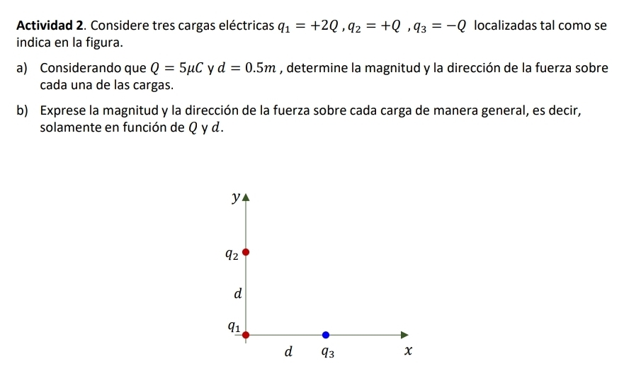 Actividad 2. Considere tres cargas eléctricas q_1=+2Q,q_2=+Q,q_3=-Q localizadas tal como se
indica en la figura.
a) Considerando que Q=5mu C y d=0.5m , determine la magnitud y la dirección de la fuerza sobre
cada una de las cargas.
b) Exprese la magnitud y la dirección de la fuerza sobre cada carga de manera general, es decir,
solamente en función de Q y d.