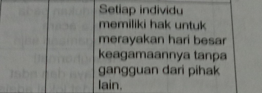 Setiap individu 
memiliki hak untuk 
merayakan hari besar 
keagamaannya tanpa 
gangguan dari pihak 
lain.