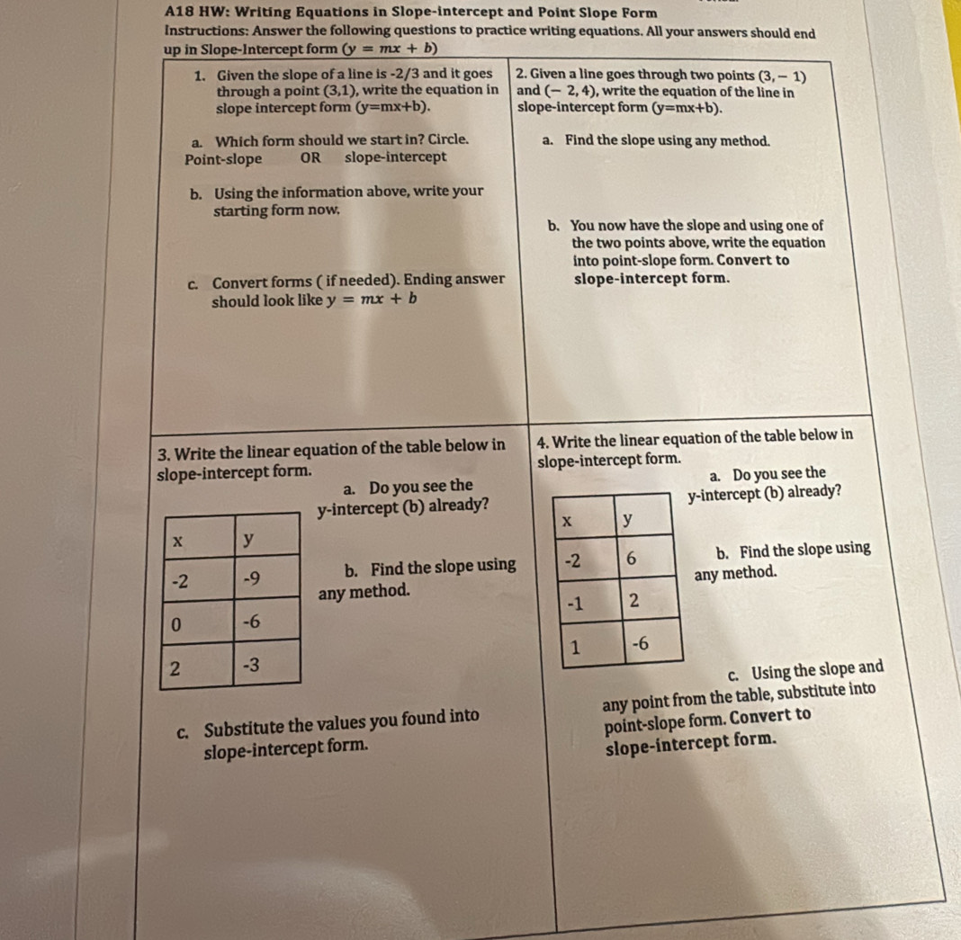 A18 HW: Writing Equations in Slope-intercept and Point Slope Form 
Instructions: Answer the following questions to practice writing equations. All your answers should end 
up in Slope-Intercept form (y=mx+b)
1. Given the slope of a line is -2/3 and it goes 2. Given a line goes through two points (3,-1)
through a point (3,1) , write the equation in and (-2,4) , write the equation of the line in 
slope intercept form (y=mx+b). slope-intercept form (y=mx+b). 
a. Which form should we start in? Circle. a. Find the slope using any method. 
Point-slope OR slope-intercept 
b. Using the information above, write your 
starting form now. 
b. You now have the slope and using one of 
the two points above, write the equation 
into point-slope form. Convert to 
c. Convert forms ( if needed). Ending answer slope-intercept form. 
should look like y=mx+b
3. Write the linear equation of the table below in 4. Write the linear equation of the table below in 
slope-intercept form. slope-intercept form. 
a. Do you see the a. Do you see the 
y-intercept (b) already?-intercept (b) already? 
b. Find the slope using b. Find the slope using 
any method.any method. 

c. Using the slope and 
c. Substitute the values you found into any point from the table, substitute into 
slope-intercept form. point-slope form. Convert to 
slope-intercept form.