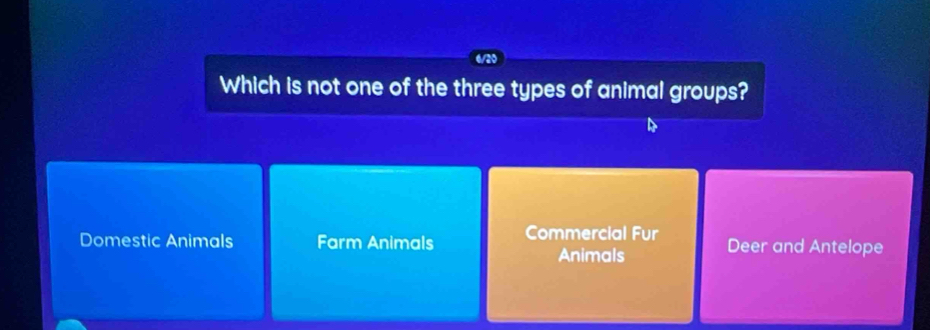 Which is not one of the three types of animal groups?
Domestic Animals Farm Animals Commercial Fur Deer and Antelope
Animals