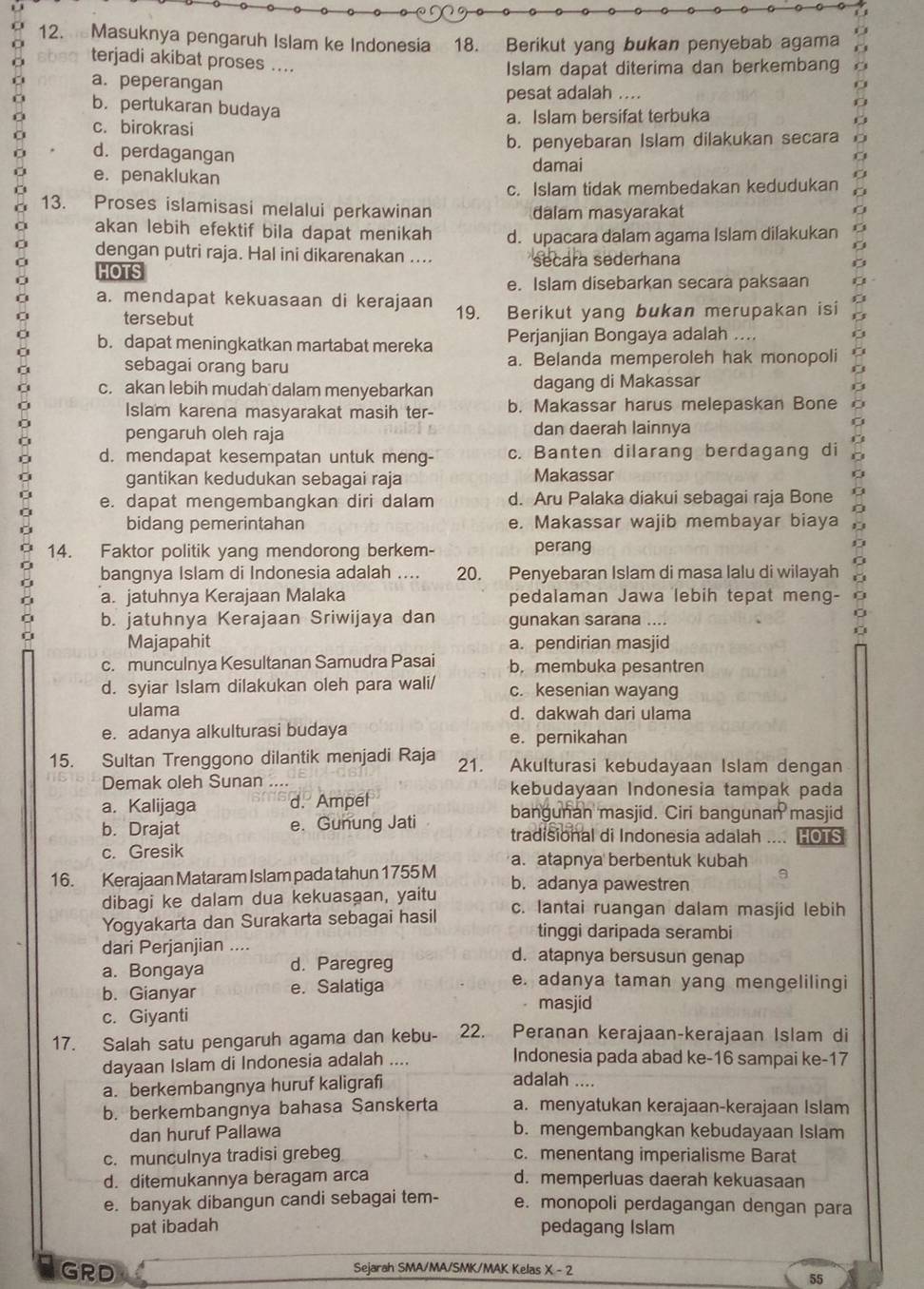 Masuknya pengaruh Islam ke Indonesia 18. Berikut yang bukan penyebab agama
terjadi akibat proses ....
a. peperangan Islam dapat diterima dan berkembang
pesat adalah ....
O b. pertukaran budaya
a. Islam bersifat terbuka
0 c. birokrasi
b. penyebaran Islam dilakukan secara
d. perdagangan
e. penaklukan damai
c. Islam tidak membedakan kedudukan
13. Proses islamisasi melalui perkawinan dalam masyarakat
akan lebih efektif bila dapat menikah d. upacara dalam agama Islam dilakukan
dengan putri raja. Hal ini dikarenakan .... secara sederhana
HOTS
e. Islam disebarkan secara paksaan
a. mendapat kekuasaan di kerajaan 19. Berikut yang bukan merupakan isi
tersebut
b. dapat meningkatkan martabat mereka Perjanjian Bongaya adalah ....
sebagai orang baru a. Belanda memperoleh hak monopoli
c. akan lebih mudah dalam menyebarkan dagang di Makassar
Islam karena masyarakat masih ter- b. Makassar harus melepaskan Bone
pengaruh oleh raja dan daerah lainnya
d. mendapat kesempatan untuk meng- c. Banten dilarang berdagang di
gantikan kedudukan sebagai raja Makassar C
e. dapat mengembangkan diri dalam d. Aru Palaka diakui sebagai raja Bone
bidang pemerintahan e. Makassar wajib membayar biaya
14. Faktor politik yang mendorong berkem- perang
bangnya Islam di Indonesia adalah 20. Penyebaran Islam di masa lalu di wilayah 0
a. jatuhnya Kerajaan Malaka pedalaman Jawa lebih tepat meng-
b. jatuhnya Kerajaan Sriwijaya dan gunakan sarana ....
Majapahit a. pendirian masjid
c. munculnya Kesultanan Samudra Pasai b. membuka pesantren
d. syiar Islam dilakukan oleh para wali/ c. kesenian wayang
ulama d. dakwah dari ulama
e. adanya alkulturasi budaya e. pernikahan
15. Sultan Trenggono dilantik menjadi Raja 21. Akulturasi kebudayaan Islam dengan
Demak oleh Sunan ... kebudayaan Indonesia tampak pada
a. Kalijaga d. Ampel
b. Drajat e. Gunung Jati bangunan masjid. Ciri bangunan masjid
tradisional di Indonesia adalah ....
c. Gresik
16. Kerajaan Mataram Islam pada tahun 1755 M a. atapnya berbentuk kubah
dibagi ke dalam dua kekuasaan, yaitu b. adanya pawestren a
Yogyakarta dan Surakarta sebagai hasil c. lantai ruangan dalam masjid lebih
tinggi daripada serambi
dari Perjanjian .... d. atapnya bersusun genap
a. Bongaya d. Paregreg e. adanya taman yang mengelilingi
b. Gianyar e. Salatiga
masjid
c. Giyanti
17. Salah satu pengaruh agama dan kebu- 22. Peranan kerajaan-kerajaan Islam di
dayaan Islam di Indonesia adalah ....
Indonesia pada abad ke-16 sampai ke-17
a. berkembangnya huruf kaligrafi
adalah ....
b. berkembangnya bahasa Sanskerta a. menyatukan kerajaan-kerajaan Islam
dan huruf Pallawa b. mengembangkan kebudayaan Islam
c. munculnya tradisi grebeg c. menentang imperialisme Barat
d. ditemukannya beragam arca d. memperluas daerah kekuasaan
e. banyak dibangun candi sebagai tem- e. monopoli perdagangan dengan para
pat ibadah pedagang Islam
GRD Sejarah SMA/MA/SMK/MAK Kelas X - 2
55