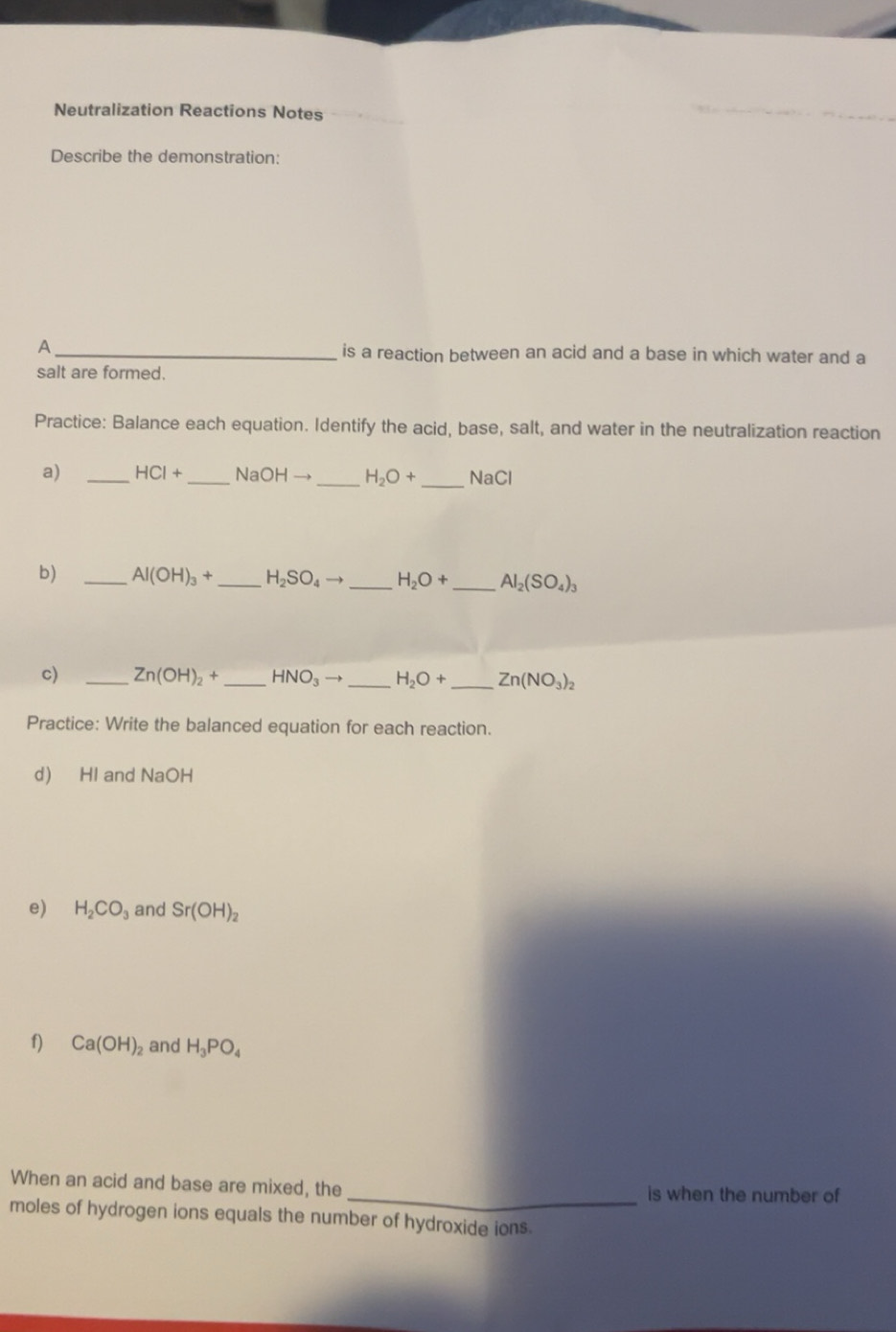 Solved: Neutralization Reactions Notes Describe the demonstration: A ...