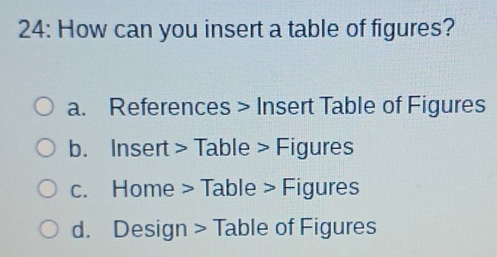 Solved: 24: How can you insert a table of figures? a. References ...