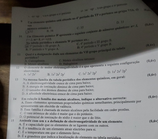 0
ρ yabp° , Viz-grupo e periodo
C  tsp . √ UA-grupo e o :período
Um elemento químico está situado no 4° período da TP e pertence ao grupo VIA. O (0,6-)
D. 33
seu
Dúmero atómico é: C. 35
18  Um Elemento químico W apresenta o seguinte conjunto de números quânticos: n=3, (0,6v)
A/52 B. 34
l=2,m=0,s=+1/2,
Na tabela periódica o elemento W pertence ao...
a 3° periodo e III grupo A C. 4° periodo e III grupo B.
B.  4/4 = periodo e V grupo A. D. 4° período e V grupo B.
11 Qual é a designação dada aos elementos do VII grupo principal da tabela (0,6v)
periódica?
A. Calcogéneos
B. Meris alcalinos D. Halogénios C. Metaís alcalinos terrosoa
12 O elemento de maior eletronegatividade é o que apresenta a seguinte configuração (0,6v)
electrónica:
A. 1s^22s^1 B. 1s^22s^22p^1 C. 1s^22s^22p^2 D. 1s^22s^22p^5
13 Na mesma família da tabela periódica dos elementos químicos, em geral: (0,6v)
A. A electronegatividade cresce de cima para baixo;
B. A energia de ionização diminui de cima para baixo;
C. O tamanho dos átomos diminui de cima para baixo;
D. A afinidade electrónica cresce de cima para baixo.
14 Em relação à família dos metais alcalinos, indique a alternativa correcta; (0,6v)
A. Esses elementos apresentam propriedades químicas semelhantes, principalmente por
apresentarem um electrão de valência.
B. Essa família é chamada de metais alcalinos pela facilidade em ceder protões.
C. O raio atómico do sódio é maior que o do potássio.
D. O potencial de ionização do sódio é maior que o do lítio.
15 Assinale com um x a definição de electronegatividade de um elemento: (0,6v)
A. É a capacidade que os elementos de se ligarem com os outros.
B. É a tendência de um elemento atrair electrões para si.
C. É a temperatura em que o elemento ferve.
D. É a grandeza que indica a localização do elemento na tabela periódica