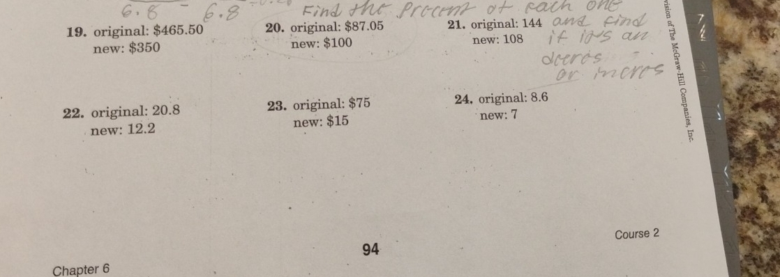 original: $465.50 20. original: $87.05 21. original: 144
new: $350 new: $100 new: 108
22. original: 20.8 23. original: $75 24, original: 8.6
new: 12.2 new: $15
new: 7
É 
Course 2
94
Chapter 6