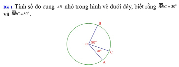 Tính số đo cung 48 nhỏ trong hình vẽ dưới đây, biết rằng ? ? * =30^0
và overline BC=80°.