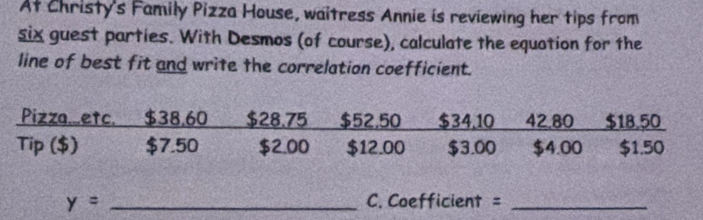 At Christy's Family Pizza House, waitress Annie is reviewing her tips from 
six guest parties. With Desmos (of course), calculate the equation for the 
line of best fit and write the correlation coefficient.
y= _ C. Coefficient = _