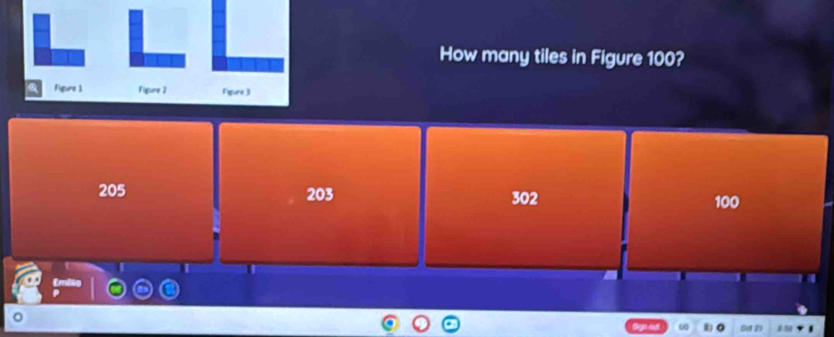 How many tiles in Figure 100?
205 203 302 100
Da 2) #: 59