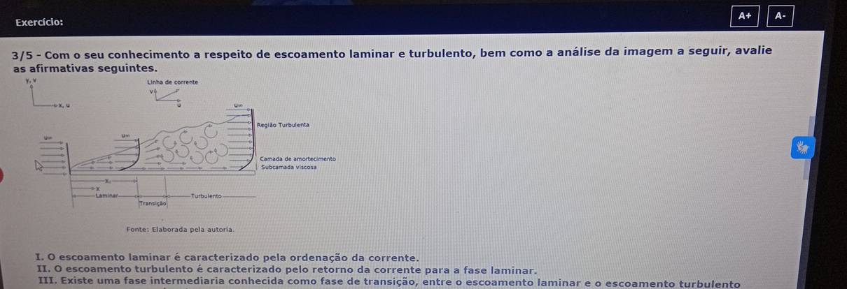 Exercício: 
A+ A- 
3/5 - Com o seu conhecimento a respeito de escoamento laminar e turbulento, bem como a análise da imagem a seguir, avalie 
as afirmativas seguintes. 
Fonte: Elaborada pela autoria. 
I. O escoamento laminar é caracterizado pela ordenação da corrente. 
II. O escoamento turbulento é caracterizado pelo retorno da corrente para a fase laminar. 
III. Existe uma fase intermediaria conhecida como fase de transição, entre o escoamento laminar e o escoamento turbulento