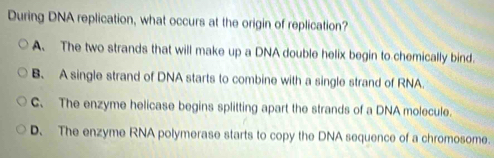 During DNA replication, what occurs at the origin of replication?
A. The two strands that will make up a DNA double helix begin to chemically bind.
B. A single strand of DNA starts to combine with a single strand of RNA.
C、 The enzyme helicase begins splitting apart the strands of a DNA molecule.
D. The enzyme RNA polymerase starts to copy the DNA sequence of a chromosome.