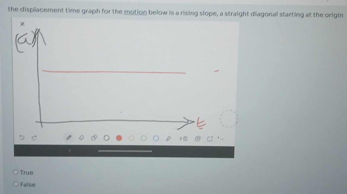 the displacement time graph for the motion below is a rising slope, a straight diagonal starting at the origin
True
False