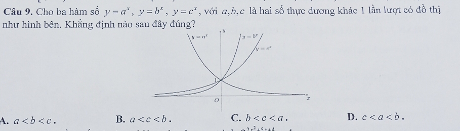 Cho ba hàm số y=a^x,y=b^x,y=c^x ,với a,b,c là hai số thực dương khác 1 lần lượt có đồ thị
như hình bên. Khẳng định nào sau đây đúng?
A. a B. a C. b D. c
2x^2+5x+4