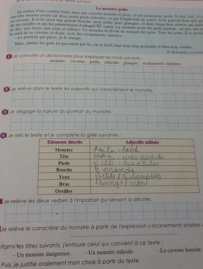 texte suvant . 
Le monstre poilu 
Au milieu d'une sombre forêt, dans une caverne humide et grise, vivait un monstre poila. Il était laid : il a 
une tête énorme posée sur deux petits pieds ridicules, ce qai l'empéchait de courir. Il ne pouvait donc pas qu 
s caverne. Il avait aussi une grande bouche, deux petits yeux glauques, et deux longs bras mances qui part 
de ses prcilles et qui lui permeitaient d'attraper les souris. Le monstre avait des poils partout s au nex, aux p 
u dos, aux dents, aux yeux et ailleurs. Ce monstre-là rêvait de manger des gens. Tous les jours, il se posta 
le seuil de sa caverne et disait, avec des ricanements sinistres 
. Le premier qui passé, je le mange. 
Mais, jamais les gens ne passaient par là, car la forêt était bien trop profonde et bien trop sombre. 
M. Bichomnier, Le ms 
le consulte un dictionnaire pour expliquer les mots suivants : 
Je relève dans le texte les adjectifs qui caractérisent le monstre. 
Je dégage la nature du portrait du monstre. 
e Je relis le texte et je compiète la grille suivante : 
Je relève les deux verbes à l'imparfait qui servent à décrire. 
_ 
Ue relève le caractère du monstre à partir de l'expression « ricanements sinistres à 
Parmi tes titres suivants, j'entoure celui qui convient à ce texte : 
- Un monstre dangereux. - Un monstre ridicule. - La caverne humide. 
Puis, je justifie oralement mon choix à partir du texte.