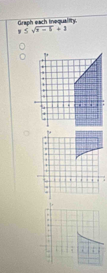 Graph each inequality.
y≤ sqrt(x-5)+3