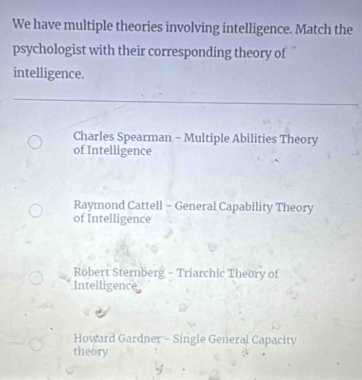 We have multiple theories involving intelligence. Match the
psychologist with their corresponding theory of 
intelligence.
Charles Spearman - Multiple Abilities Theory
of Intelligence
Raymond Cattell - General Capability Theory
of Intelligence
Robert Sternberg - Triarchic Theory of
Intelligence
Howard Gardner - Single General Capacity
theory