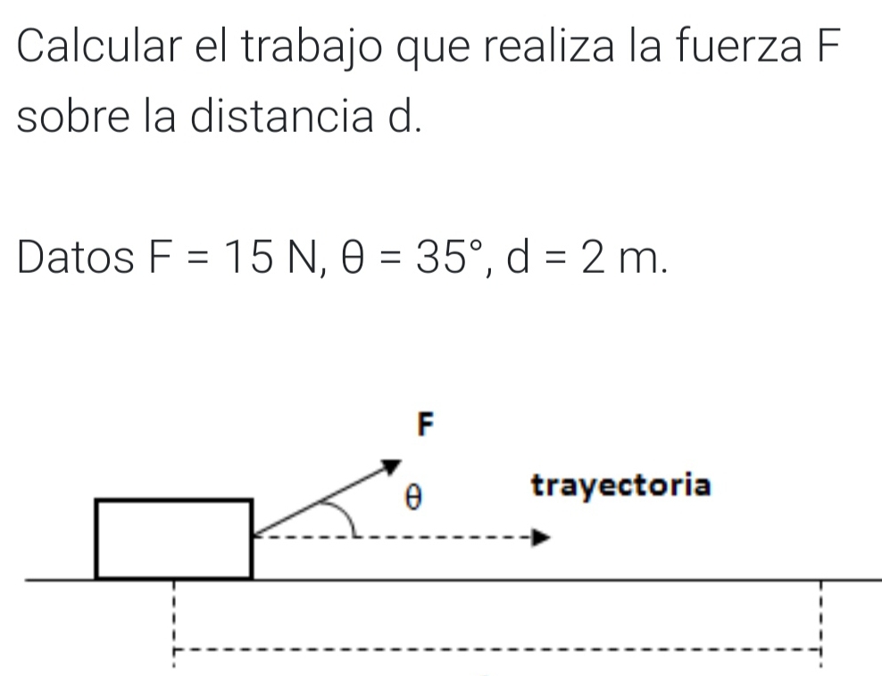 Calcular el trabajo que realiza la fuerza F
sobre la distancia d. 
Datos F=15N, θ =35°, d=2m.
F
θ
trayectoria