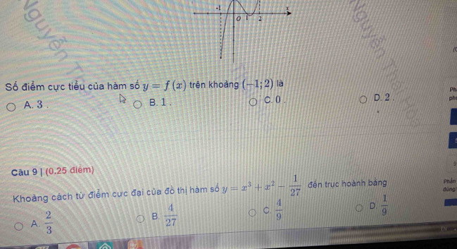 Số điểm cực tiểu của hàm số y=f(x) trên khoàng (-1;2) là
Ph
A. 3. B. 1. C. 0.
D. 2. ph
9
Cầu 9 | (0.25 điểm)
Phán
Khoảng cách từ điểm cực đại của đồ thị hàm số y=x^3+x^2- 1/27  đền trục hoành bảng dùng
A.  2/3  B.  4/27  C.  4/9 
D.  1/9 