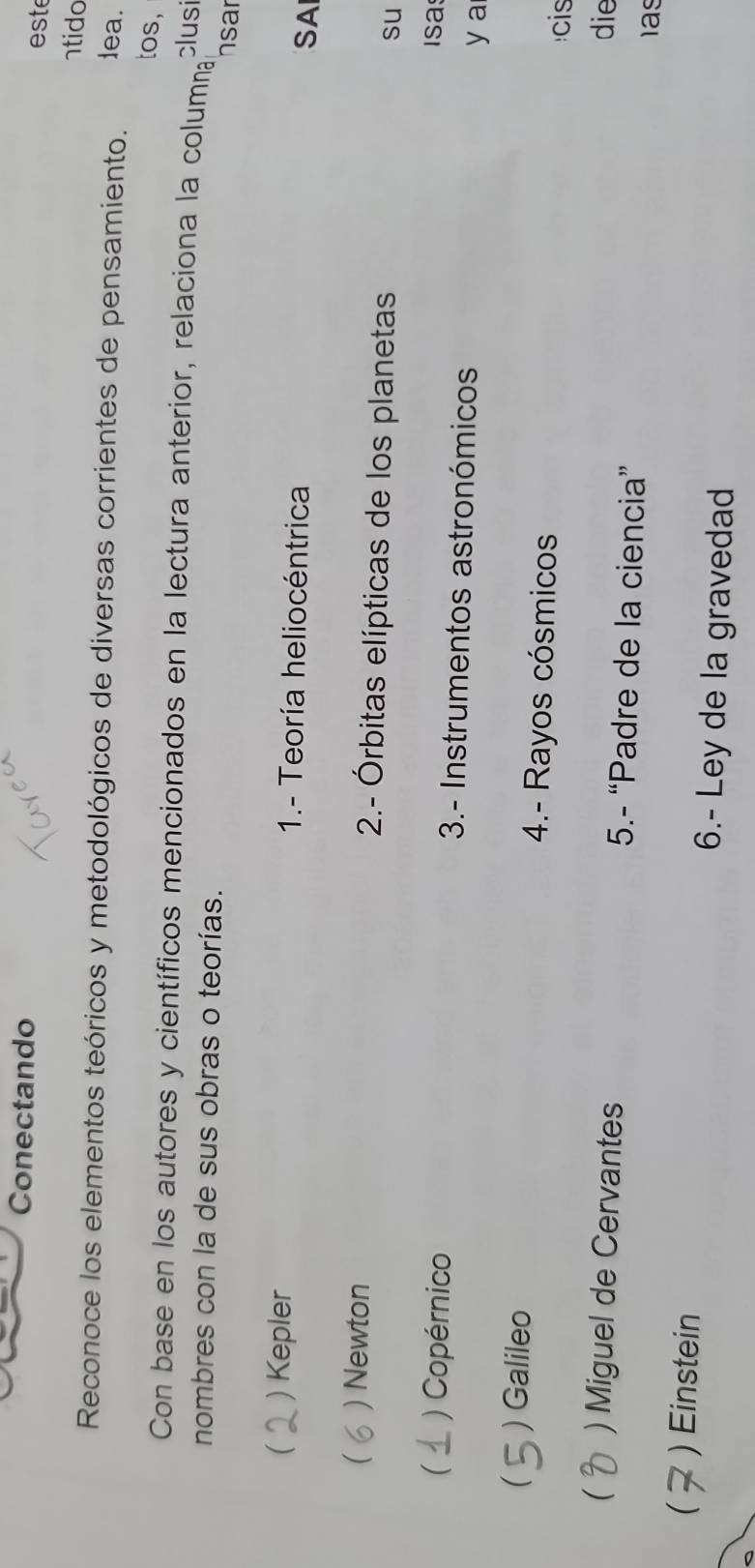 Conectando
este
1tido
Reconoce los elementos teóricos y metodológicos de diversas corrientes de pensamiento. lea.
tos,
Con base en los autores y científicos mencionados en la lectura anterior, relaciona la columna
clusi
nombres con la de sus obras o teorías.
nsar
( ) Kepler 1.- Teoría heliocéntrica SA
( ) Newton 2.- Órbitas elípticas de los planetas su
Isa
( ) Copérnico 3.- Instrumentos astronómicos
ya
) Galileo 4.- Rayos cósmicos
cis
die
) Miguel de Cervantes 5.- “Padre de la ciencia” as
 ) Einstein 6.- Ley de la gravedad