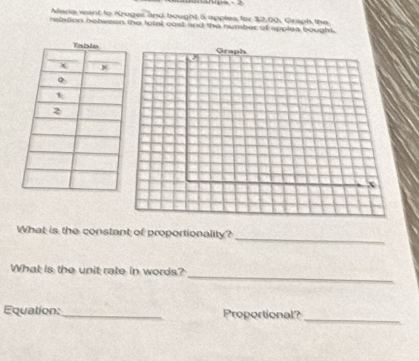 ps - 2 
Maria went to Kroger and bought 5 apples for 32.00, Graph the 
relation between the total cost and the number of apples bought. 
_ 
What is the constant of proportionality? 
_ 
What is the unit rate in words? 
Equation: _Proportional? 
_