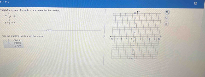 art 1 of 2
Graph the system of equations, and determine the solution.
y= 1/4 x-3
y= 5/4 x-1
Use the graphing tool to graph the system
Click to 
enlarge
graph