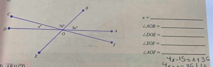 x=
_ ∠ AOB=
_ ∠ DOE=
∠ EOF= _
∠ AOF= _
n overline ADparallel overline CD