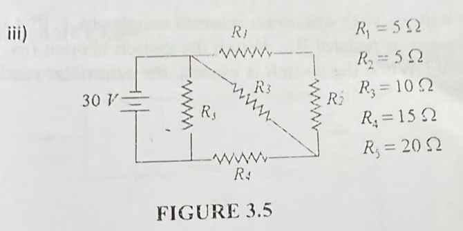 iii)
R_1=5Omega
R_2=5Omega
R_3=10Omega
R_4=15Omega
R_5=20Omega
FIGURE 3.5