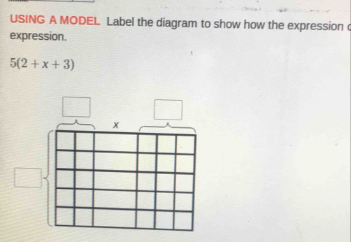 USING A MODEL Label the diagram to show how the expression 
expression.
5(2+x+3)