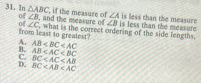 Solved: In ABC , if the measure of ∠ A is less than the measure of ∠ B ...