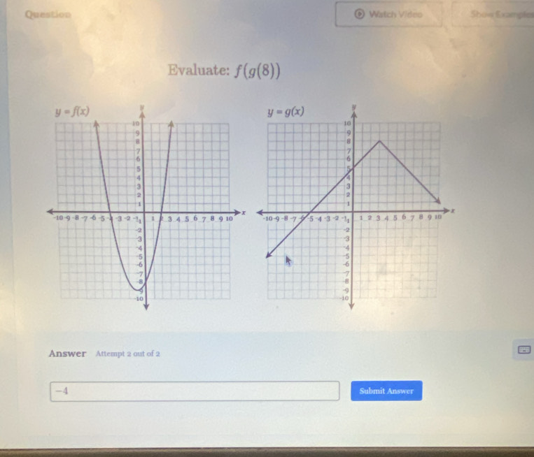 Question Watch Video Show Example
Evaluate: f(g(8))

Answer Attempt 2 out of 2
-4 Submit Answer