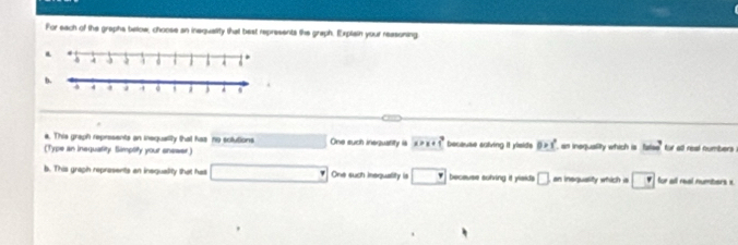 For each of the graphs below, choose an inequality that best represents the graph. Explain your reasoning
.
b.
a. This graph represents an inequalily that has no solutions One such inequatity is x>x+ 1°
(Type an inequality Simptity your enewer.) because saliving it ylelds 0>x^2 , an inequality which is bsin^3 for all real numbers
b. This graph represents an insquality that has □ One such inequality is □ because solving it ylaids □ an inequasity which is □ for all real numbers x.