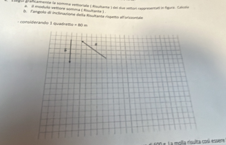 Esegui graficamente la somma vettoriale ( Risultante ) del due vetton rappresentad in figua. Caínda 
a. il modulo vettore somma ( Risultante ) . 
b. l'angolo di inclinazione della Risultante rispetto allorizzontale 
- considerando 1 quadretto =80m
E 00 e La molla rísulta cosi essere