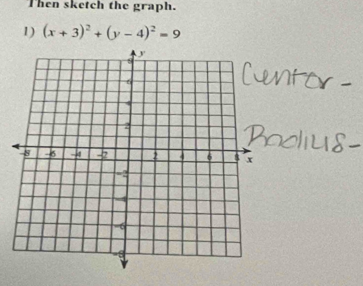 Then sketch the graph. 
1) (x+3)^2+(y-4)^2=9