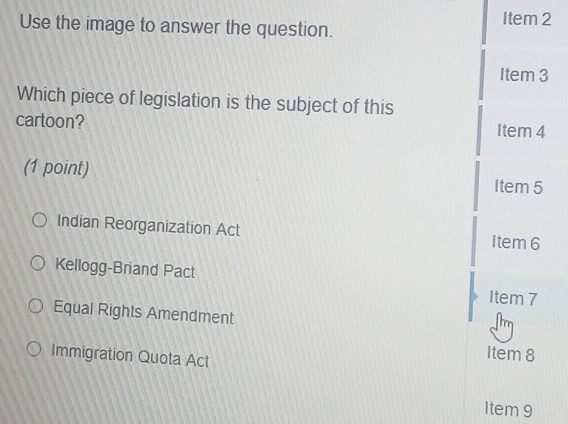 Use the image to answer the question.
Item 2
Item 3
Which piece of legislation is the subject of this
cartoon?
Item 4
(1 point)
Item 5
Indian Reorganization Act
I tem 6
Kellogg-Briand Pact
Item 7
Equal Rights Amendment
Immigration Quota Act
Item 8
Item 9