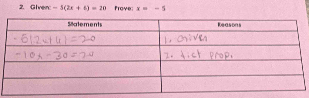 Given: -5(2x+6)=20 Prove: x=-5