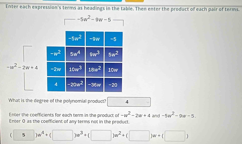 Enter each expression's terms as headings in the table. Then enter the product of each pair of terms.
-5w^2-9w-5
What is the degree of the polynomial product? 4
Enter the coefficients for each term in the product of -w^2-2w+4 and -5w^2-9w-5.
Enter 0 as the coefficient of any terms not in the product.
(5)w^4+(□ )w^3+(□ )w^2+(□ )w+(□ )