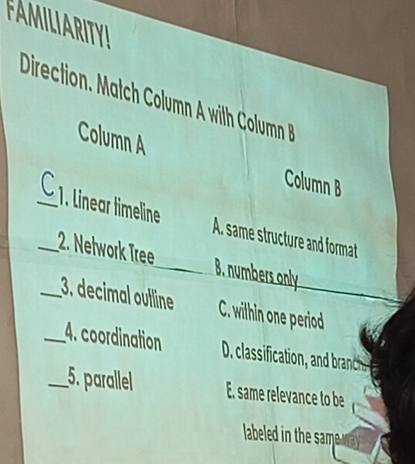 FAMILIRIT
Direction atc um t Coum 
Column A
Column B
_C 1. Linear limeline
A. same structure and format
_2. Nełwork Tree B. numbers only
_3. decimal oulline C. wilhin one period
_4. coordination
_5. parallel E. same relevance to be
labeled in the same way