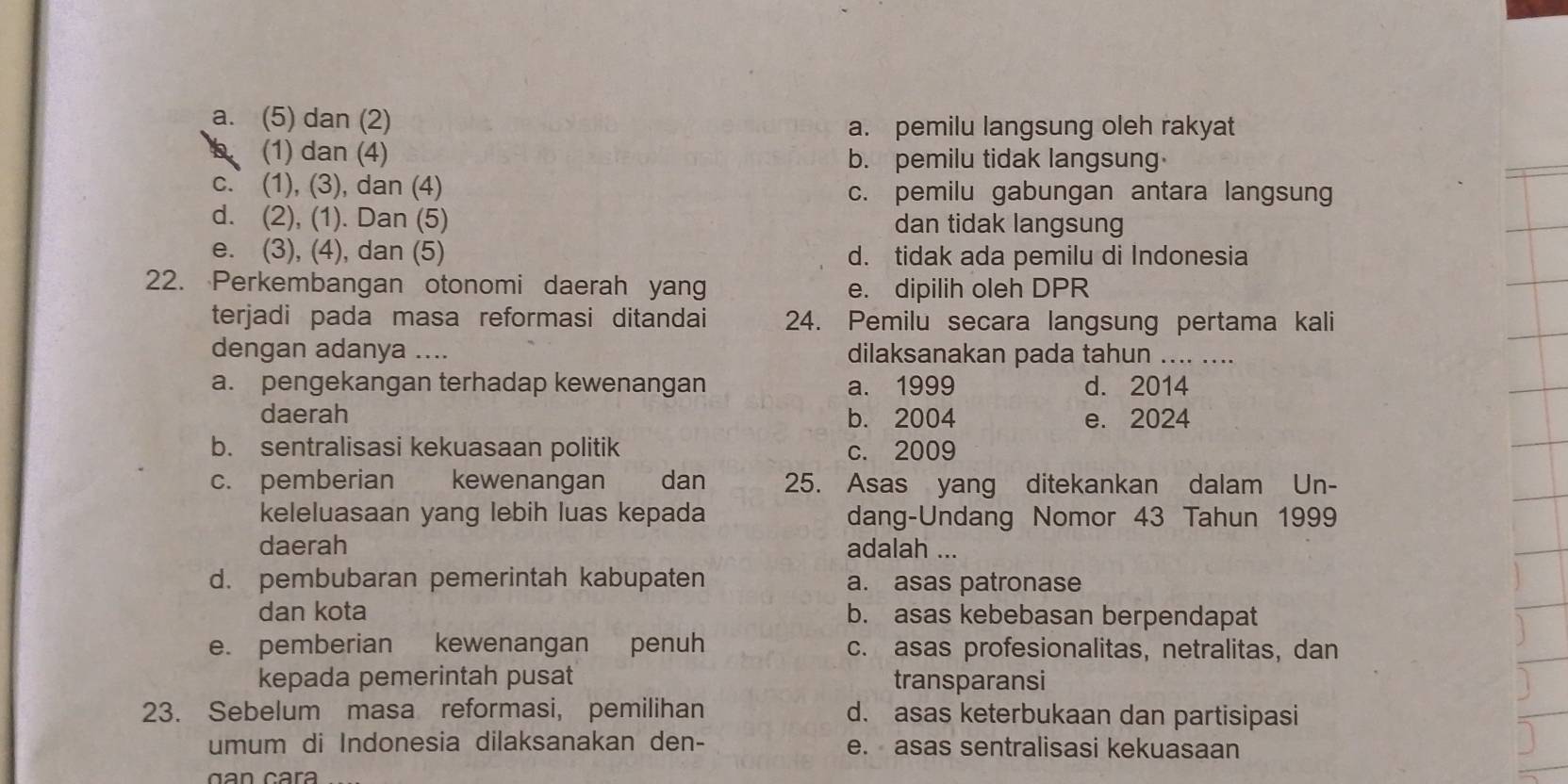 a. (5) dan (2)
a. pemilu langsung oleh rakyat
(1) dan (4) b. pemilu tidak langsung
c. (1), (3), dan (4) c. pemilu gabungan antara langsung
d. (2), (1). Dan (5) dan tidak langsung
e. (3), (4), dan (5) d. tidak ada pemilu di Indonesia
22. Perkembangan otonomi daerah yang e. dipilih oleh DPR
terjadi pada masa reformasi ditandai 24. Pemilu secara langsung pertama kali
dengan adanya .... dilaksanakan pada tahun .... ....
a. pengekangan terhadap kewenangan a. 1999 d. 2014
daerah b. 2004 e. 2024
b. sentralisasi kekuasaan politik c. 2009
c. pemberian kewenangan dan 25. Asas yang ditekankan dalam Un-
keleluasaan yang lebih luas kepada dang-Undang Nomor 43 Tahun 1999
daerah adalah ...
d. pembubaran pemerintah kabupaten a. asas patronase
dan kota b. asas kebebasan berpendapat
e. pemberian kewenangan penuh c. asas profesionalitas, netralitas, dan
kepada pemerintah pusat transparansi
23. Sebelum masa reformasi, pemilihan d. asas keterbukaan dan partisipasi
umum di Indonesia dilaksanakan den- e. asas sentralisasi kekuasaan