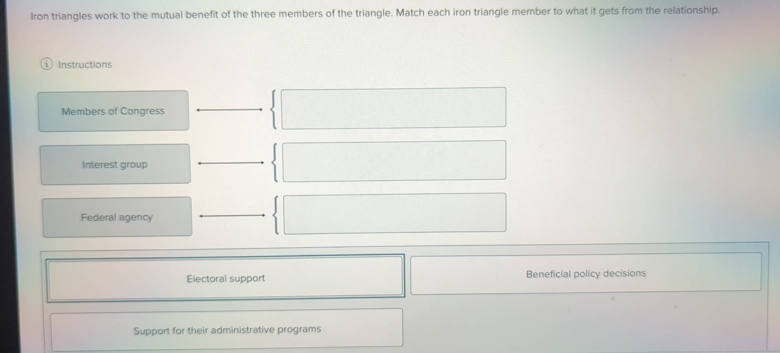 Solved: Iron triangles work to the mutual benefit of the three members of  the triangle. Match each [Social Science]