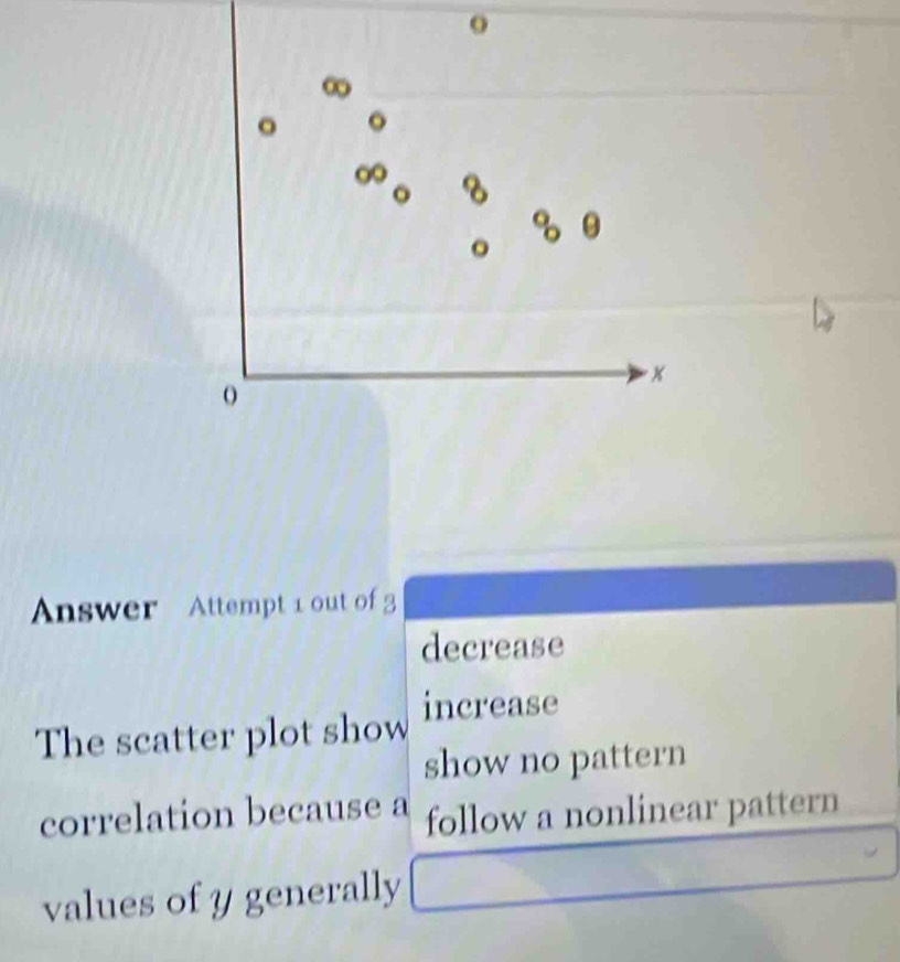 ∞ 
。 。 
. 
× 
o 
Answer Attempt 1 out of 3 
decrease 
The scatter plot show increase 
show no pattern 
correlation because a follow a nonlinear pattern 
values of y generally