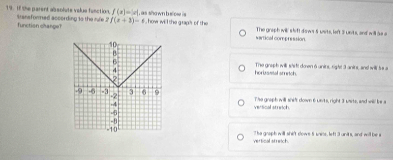 If the parent absolute value function, f(x)=|x| , as shown below is
function change? 2f(x+3)-6 , how will the graph of the
transformed according to the rule The graph will shift down 6 units, left 3 units, and will be a
vertical compression.
The graph will shift down 6 units, right 3 units, and will be a
horizontal stretch.
The graph will shift down 6 units, right 3 units, and will be a
vertical stretch.
The graph will shift down 6 units, left 3 units, and will be a
vertical stretch.