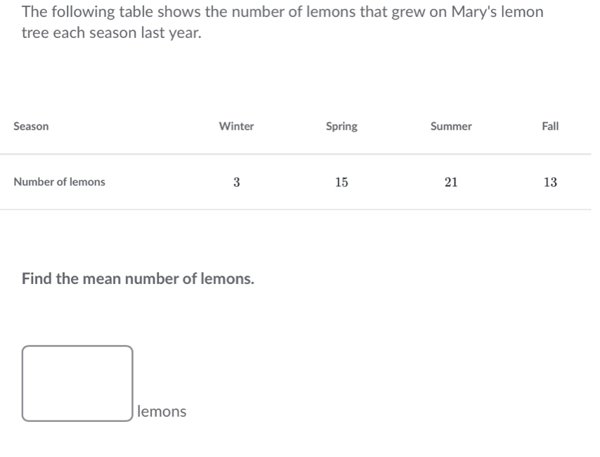 The following table shows the number of lemons that grew on Mary's lemon 
tree each season last year. 
Find the mean number of lemons. 
lemons