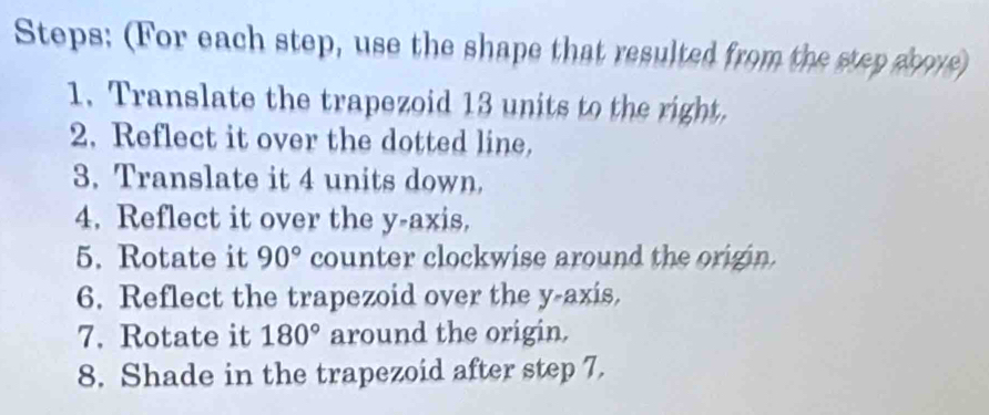 Steps: (For each step, use the shape that resulted from the step above) 
1. Translate the trapezoid 13 units to the right. 
2. Reflect it over the dotted line. 
3. Translate it 4 units down. 
4. Reflect it over the y-axis. 
5. Rotate it 90° counter clockwise around the origin. 
6. Reflect the trapezoid over the y-axis. 
7. Rotate it 180° around the origin. 
8. Shade in the trapezoid after step 7.