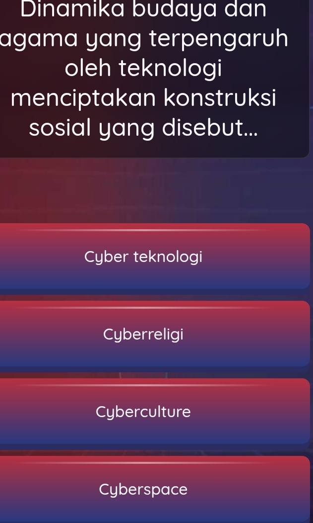 Dinamika budaya dan
agama yang terpengaruh
oleh teknologi
menciptakan konstruksi
sosial yang disebut...
Cyber teknologi
Cyberreligi
Cyberculture
Cyberspace