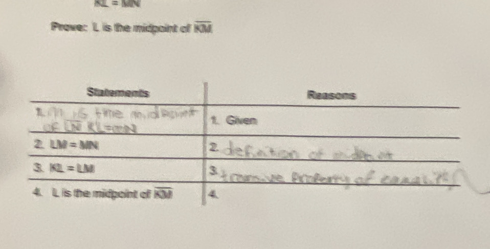 KL=MN
Prove: L is the midpaint of overline KM