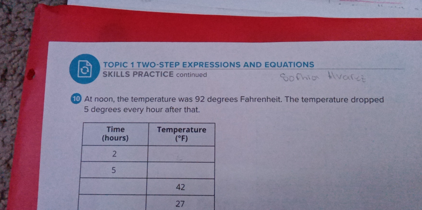 TOPIC 1 TWO-STEP EXPRESSIONS AND EQUATIONS 
a SKILLS PRACTICE continued 
10 At noon, the temperature was 92 degrees Fahrenheit. The temperature dropped
5 degrees every hour after that.