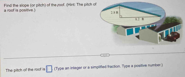 Find the slope (or pitch) of the roof. (Hint: The pitch 
a roof is positive.) 
The pitch of the roof is □. (Type an integer or a simplified fraction. Type a positive number.)