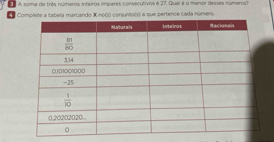 A soma de três números inteiros ímpares consecutivos é 27. Qual é o menor desses números?
Complete a tabela marcando X no(s) conjunto(s) a que pertence cada número.